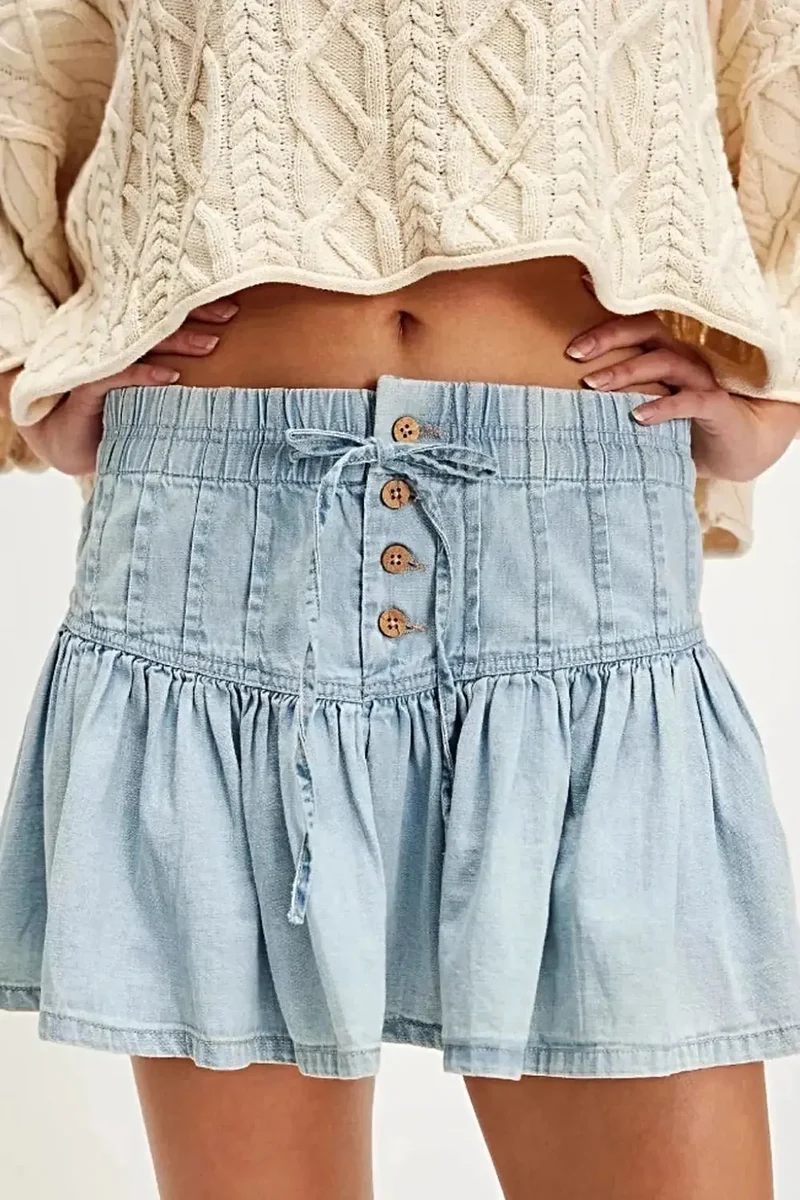 Stijlvol denim minirokje met ruches en knoopjes - comfortabele mix van 70% katoen