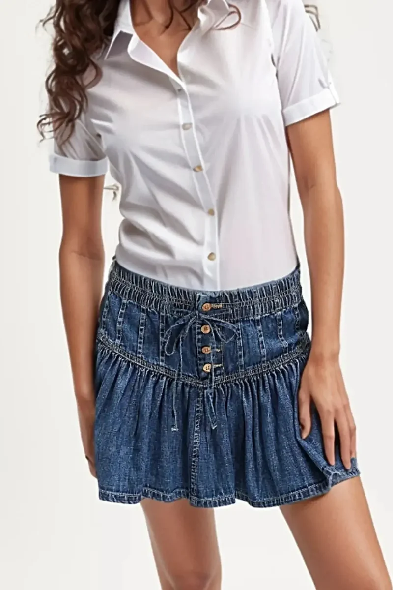 Stijlvol denim minirokje met ruches en knoopjes - comfortabele mix van 70% katoen