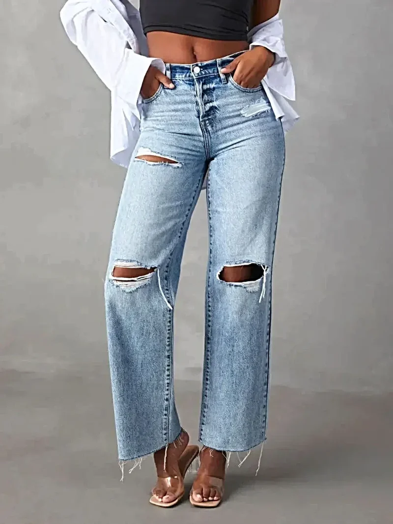 Gescheurde jeans met rechte pijpen en zakken - Klassieke stijl, 85% katoen, geen stretch