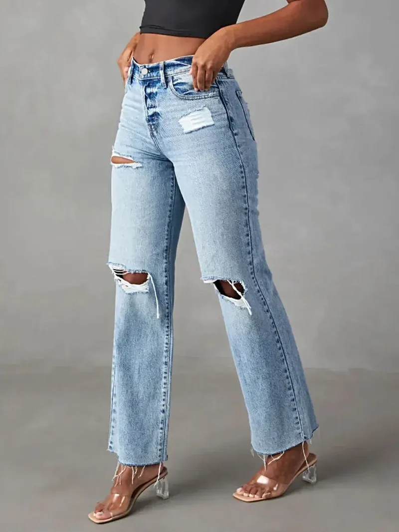 Gescheurde jeans met rechte pijpen en zakken - Klassieke stijl, 85% katoen, geen stretch