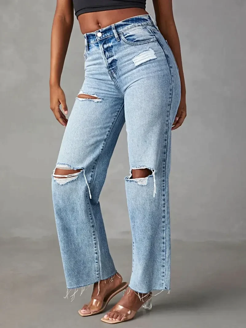 Gescheurde jeans met rechte pijpen en zakken - Klassieke stijl, 85% katoen, geen stretch