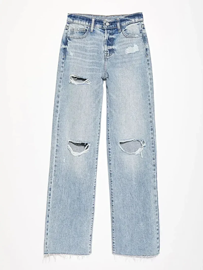 Gescheurde jeans met rechte pijpen en zakken - Klassieke stijl, 85% katoen, geen stretch