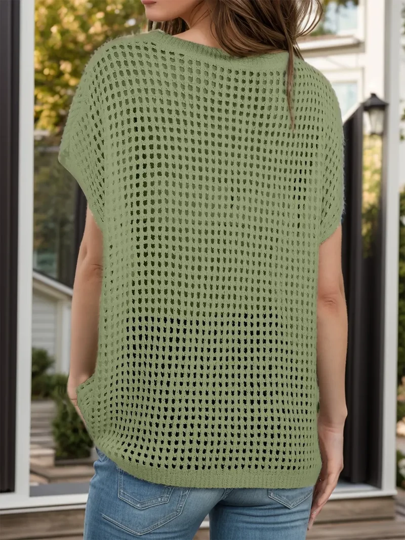 Opengewerkte ronde hals korte mouw cover-up