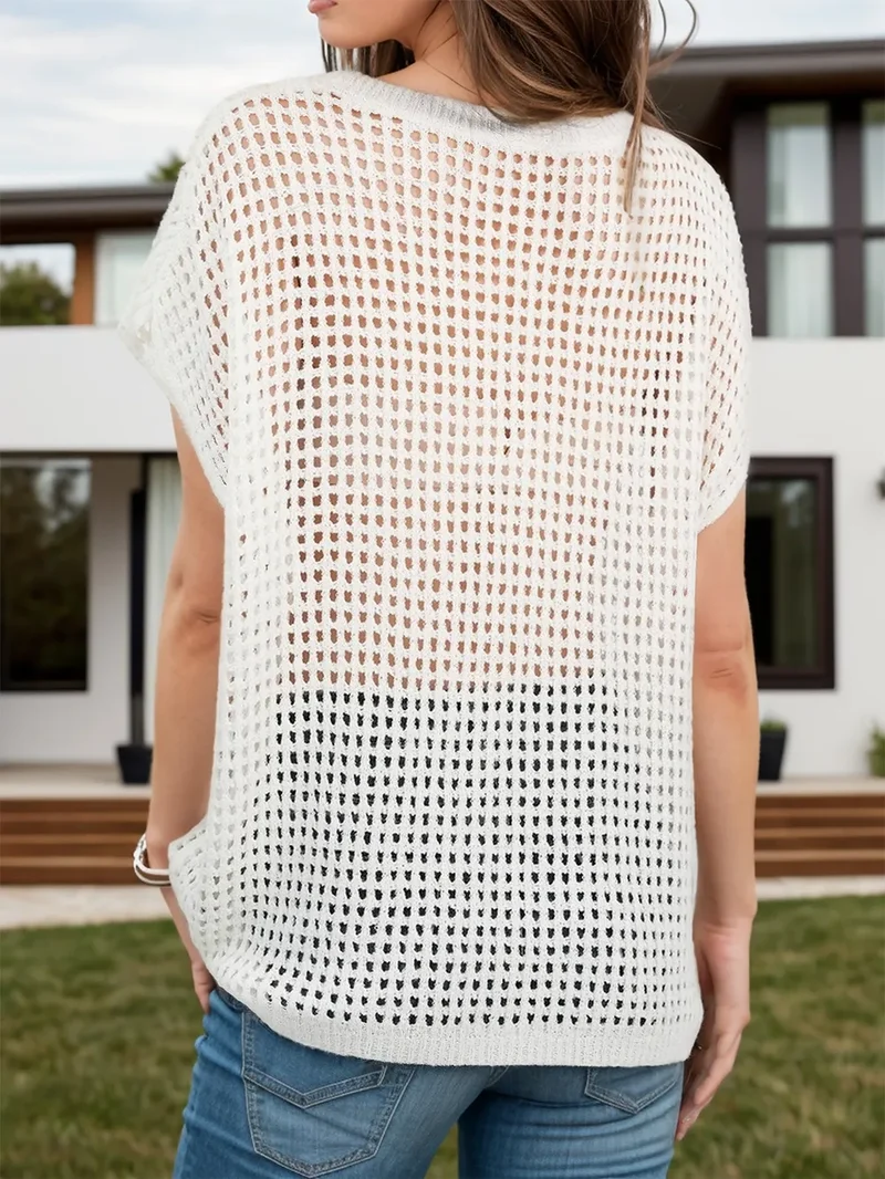 Opengewerkte ronde hals korte mouw cover-up