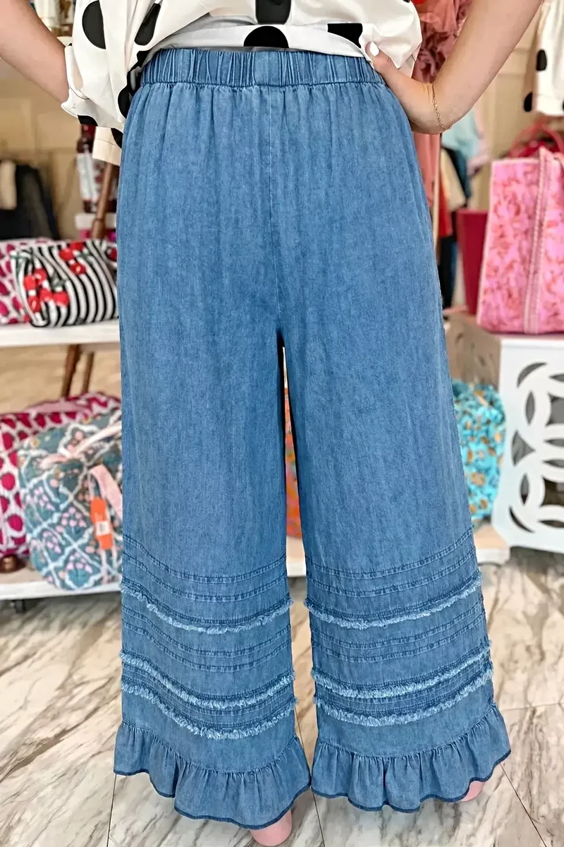 Broek met ruches aan de zoom - Wijde pijpen, chambray-stijl met trekkoord en franjes, 100% katoen