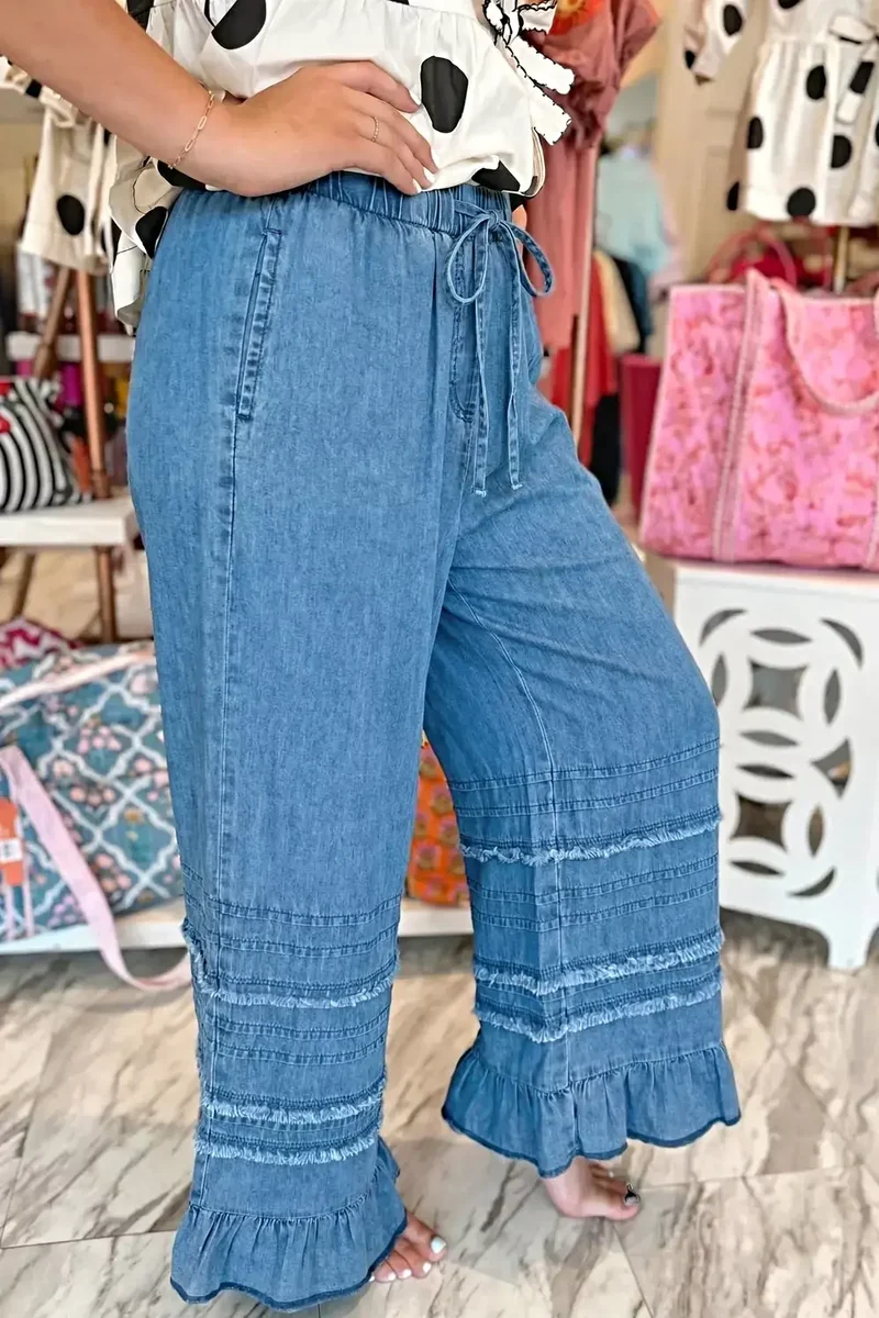 Broek met ruches aan de zoom - Wijde pijpen, chambray-stijl met trekkoord en franjes, 100% katoen