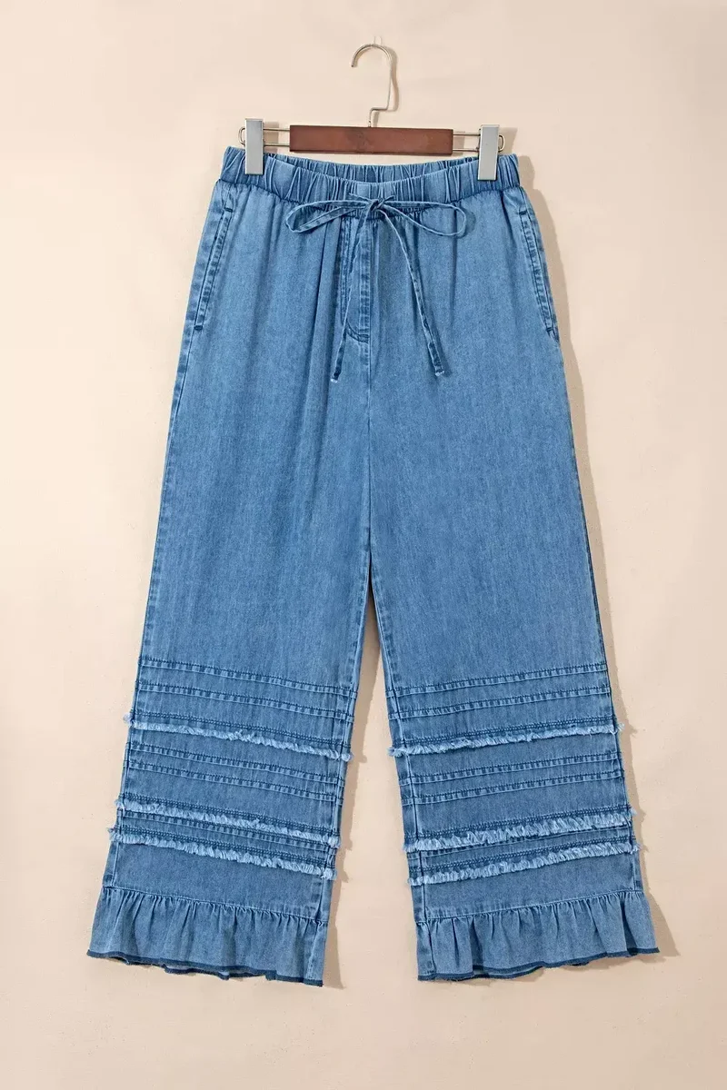 Broek met ruches aan de zoom - Wijde pijpen, chambray-stijl met trekkoord en franjes, 100% katoen