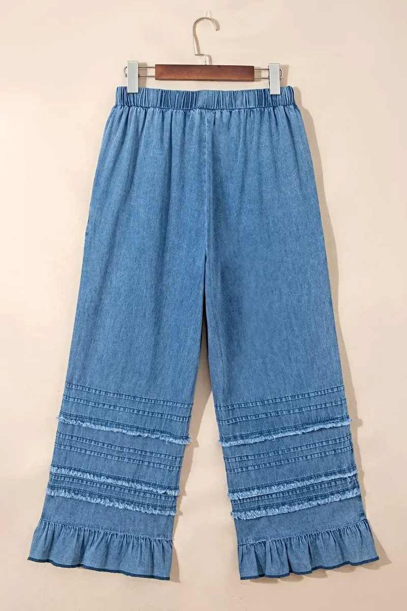 Broek met ruches aan de zoom - Wijde pijpen, chambray-stijl met trekkoord en franjes, 100% katoen