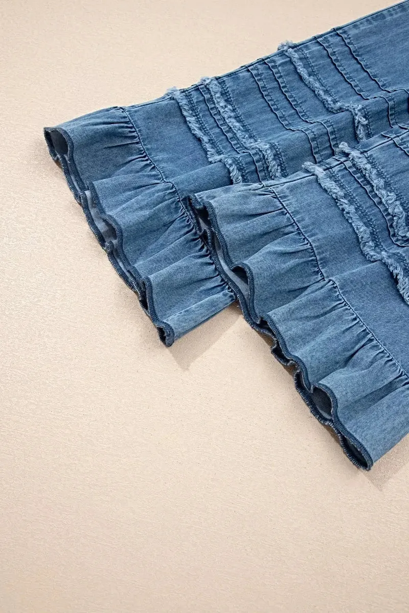 Broek met ruches aan de zoom - Wijde pijpen, chambray-stijl met trekkoord en franjes, 100% katoen