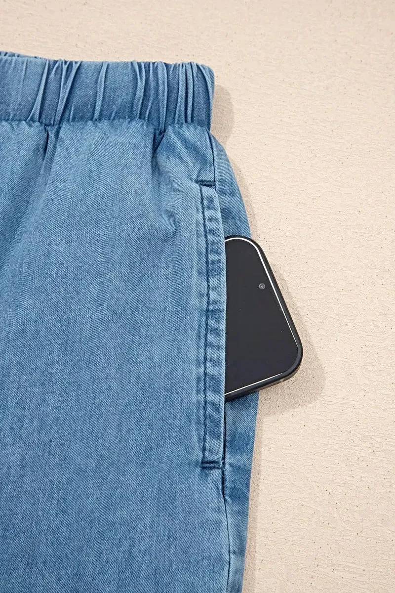 Broek met ruches aan de zoom - Wijde pijpen, chambray-stijl met trekkoord en franjes, 100% katoen