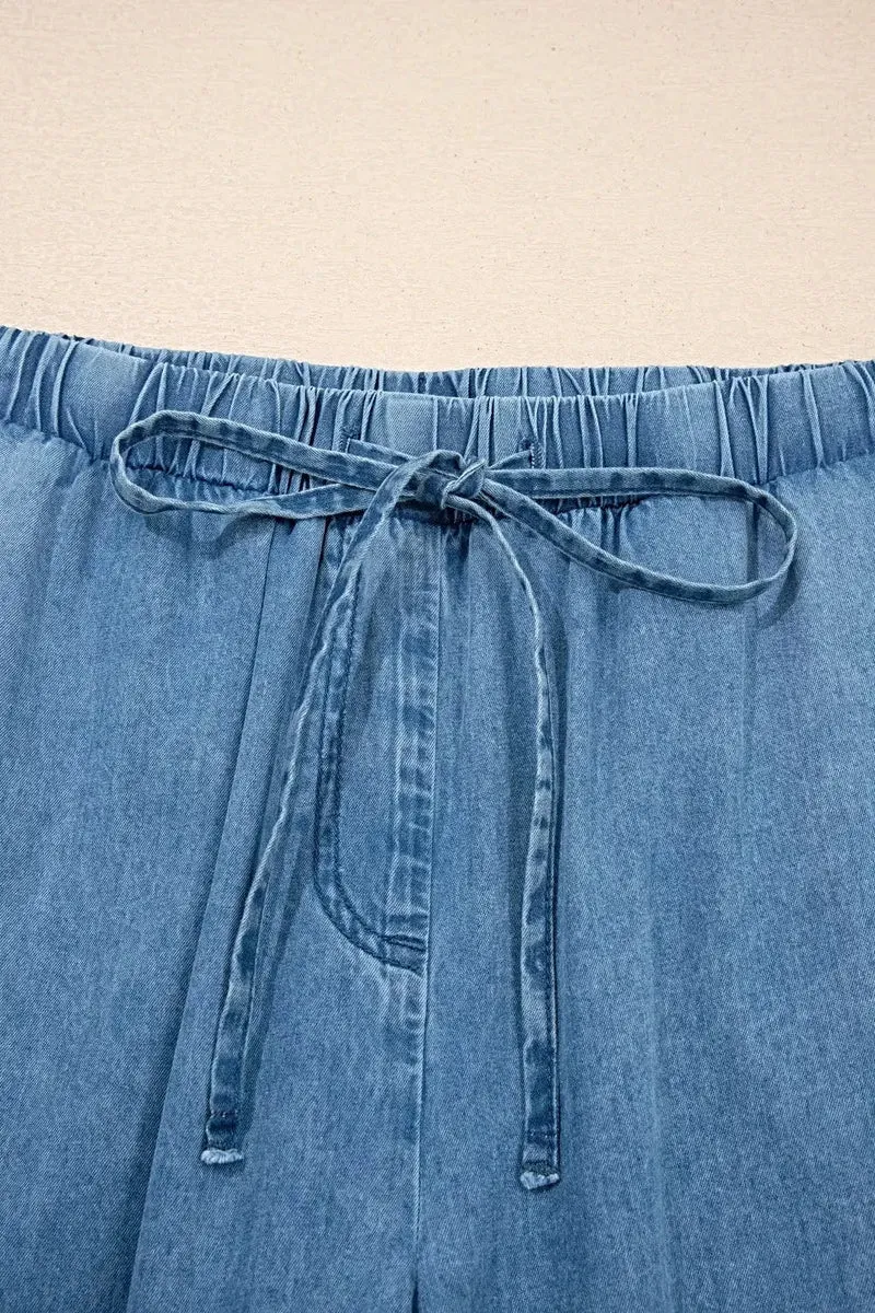Broek met ruches aan de zoom - Wijde pijpen, chambray-stijl met trekkoord en franjes, 100% katoen