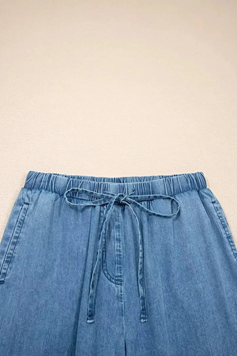 Broek met ruches aan de zoom - Wijde pijpen, chambray-stijl met trekkoord en franjes, 100% katoen