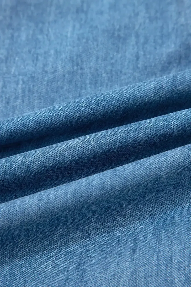 Broek met ruches aan de zoom - Wijde pijpen, chambray-stijl met trekkoord en franjes, 100% katoen