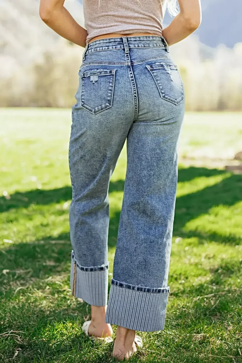 Gescheurde jeans met omgeslagen pijpen voor dames - Losse, rechte pasvorm, 72% katoen, klassieke stijl
