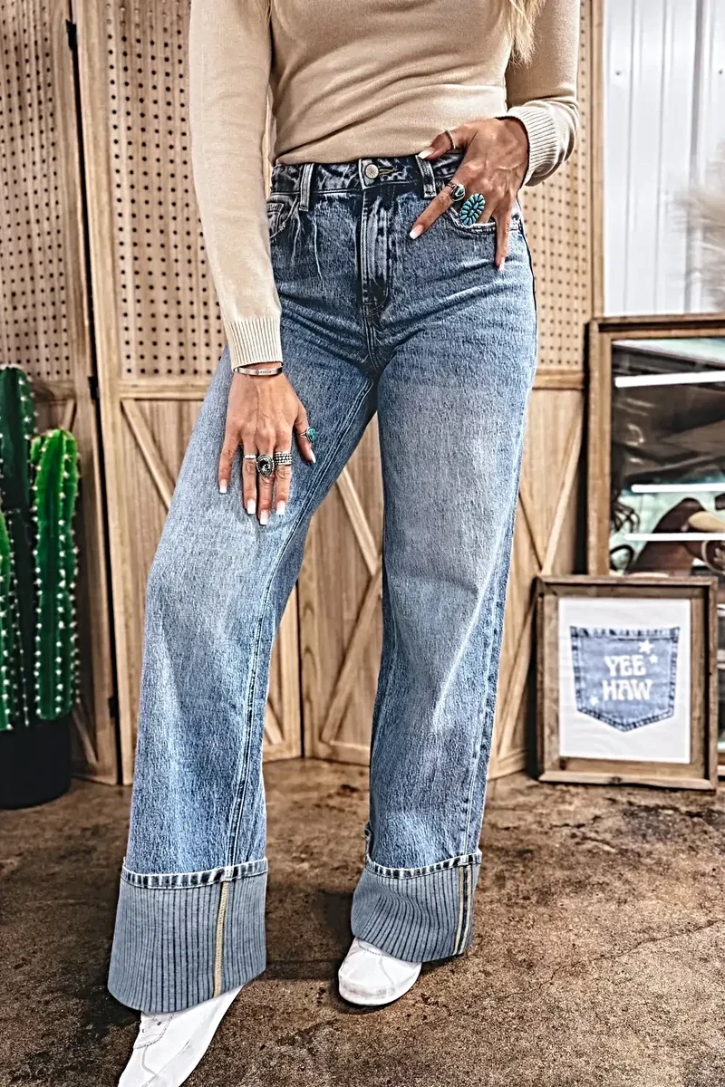 Gescheurde jeans met omgeslagen pijpen voor dames - Losse, rechte pasvorm, 72% katoen, klassieke stijl