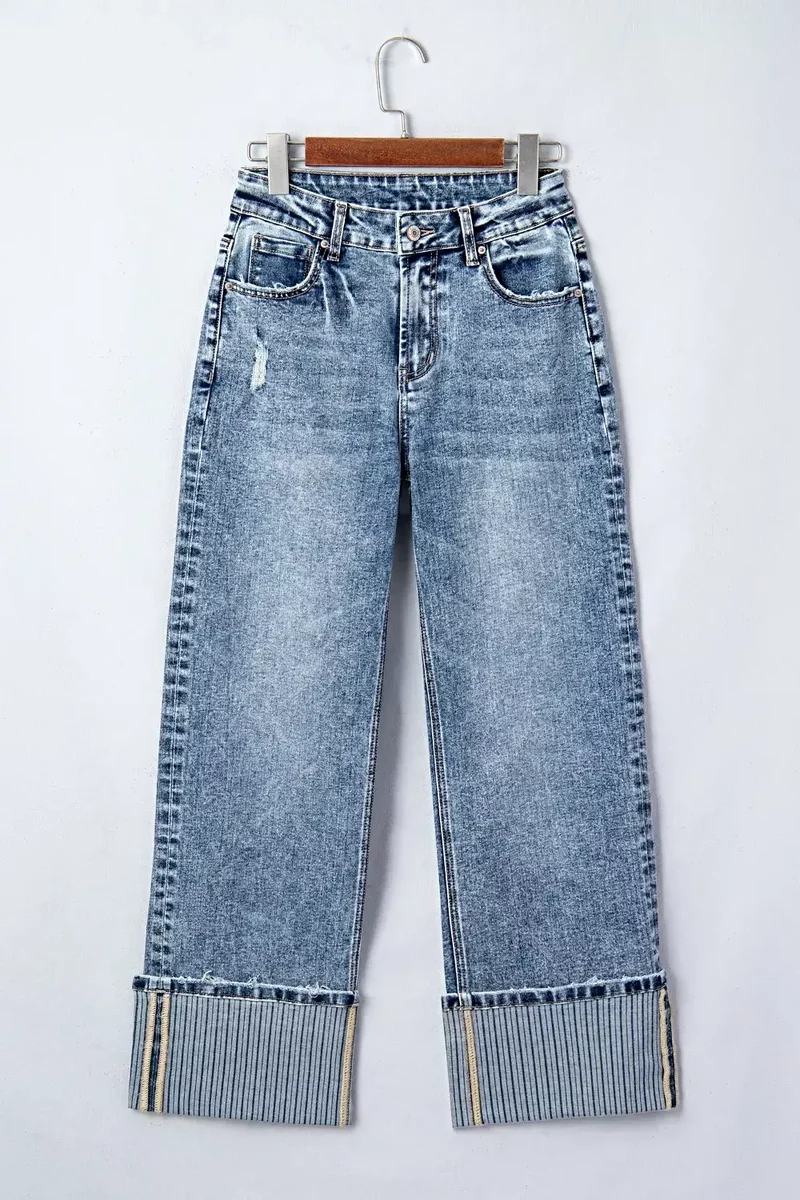 Gescheurde jeans met omgeslagen pijpen voor dames - Losse, rechte pasvorm, 72% katoen, klassieke stijl
