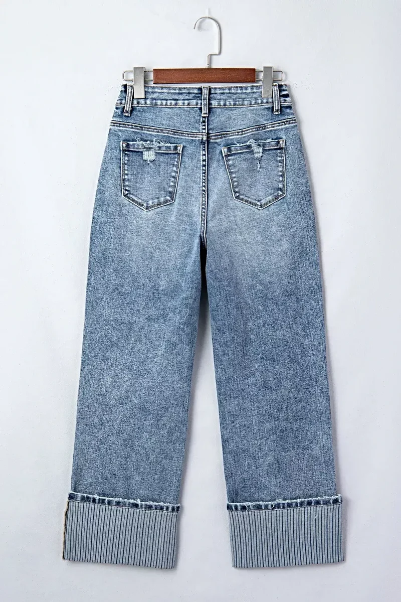 Gescheurde jeans met omgeslagen pijpen voor dames - Losse, rechte pasvorm, 72% katoen, klassieke stijl