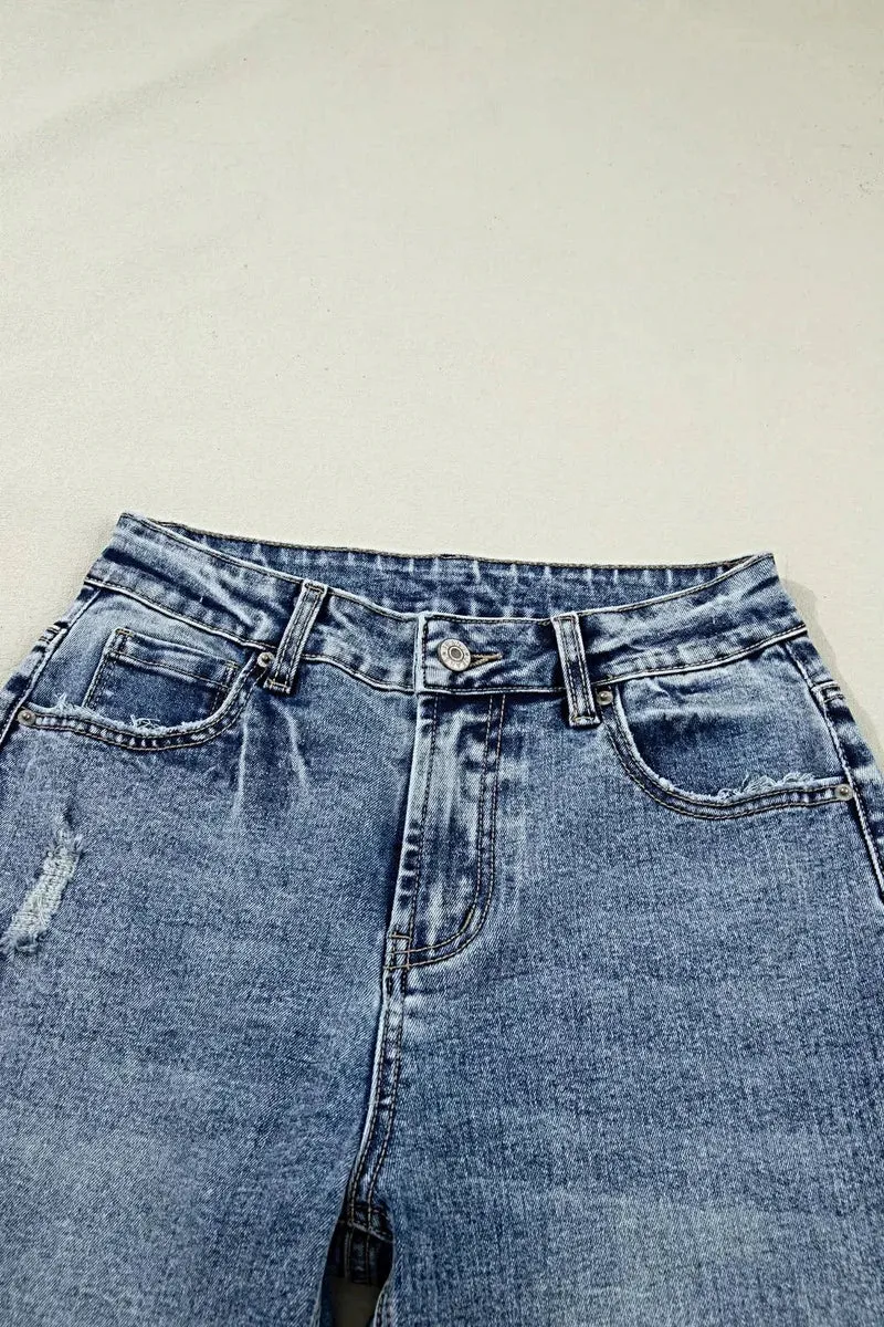 Gescheurde jeans met omgeslagen pijpen voor dames - Losse, rechte pasvorm, 72% katoen, klassieke stijl