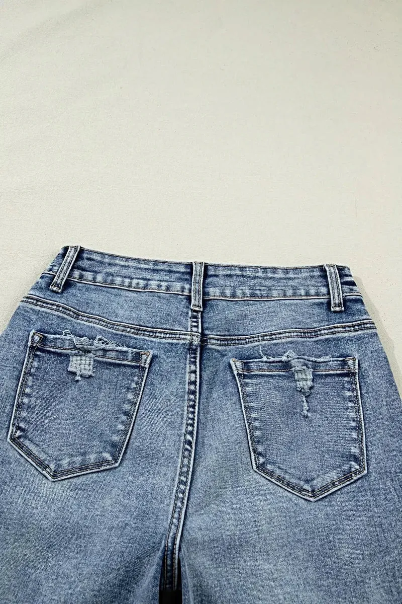 Gescheurde jeans met omgeslagen pijpen voor dames - Losse, rechte pasvorm, 72% katoen, klassieke stijl