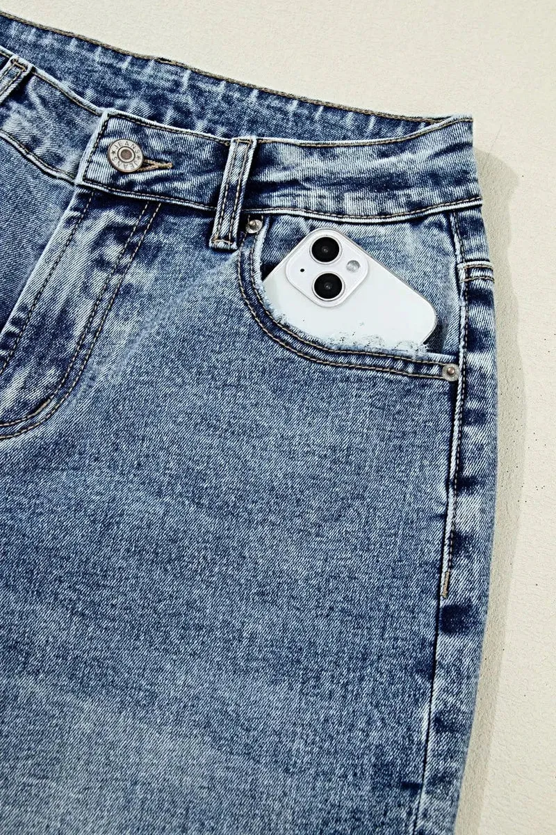 Gescheurde jeans met omgeslagen pijpen voor dames - Losse, rechte pasvorm, 72% katoen, klassieke stijl
