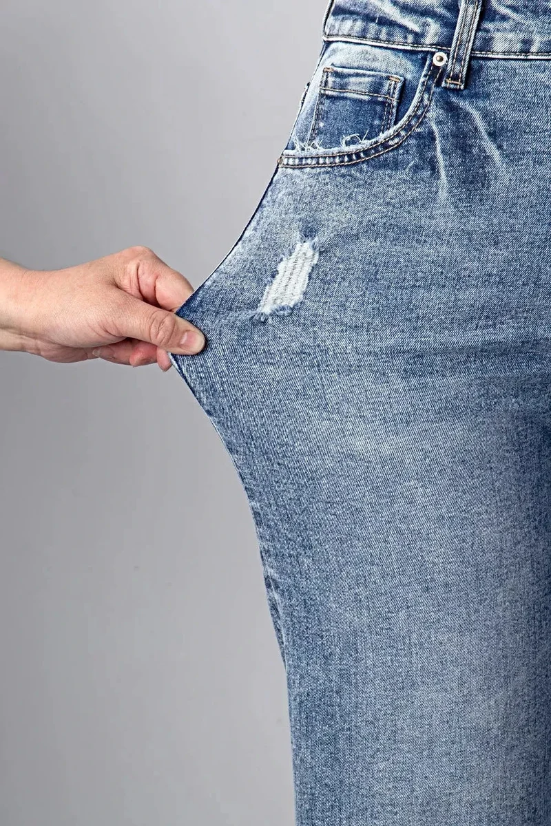 Gescheurde jeans met omgeslagen pijpen voor dames - Losse, rechte pasvorm, 72% katoen, klassieke stijl