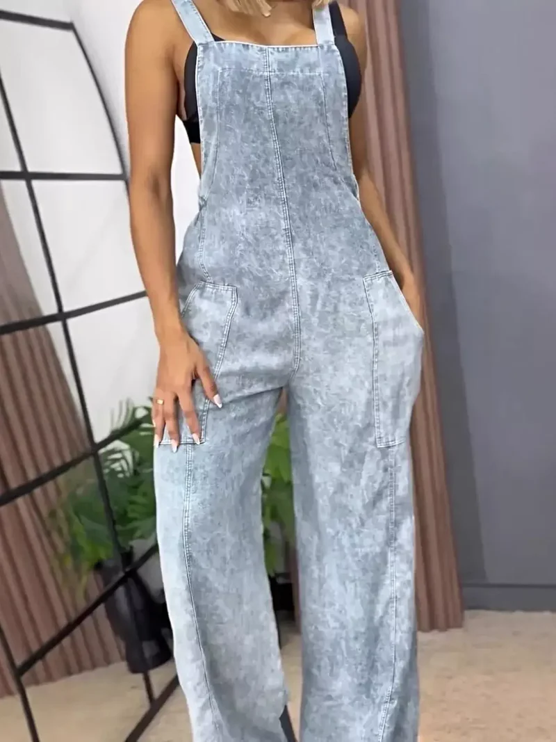 Vintage overall met wijde pijpen in grote maten - Denim met zakken, niet-elastische stof.
