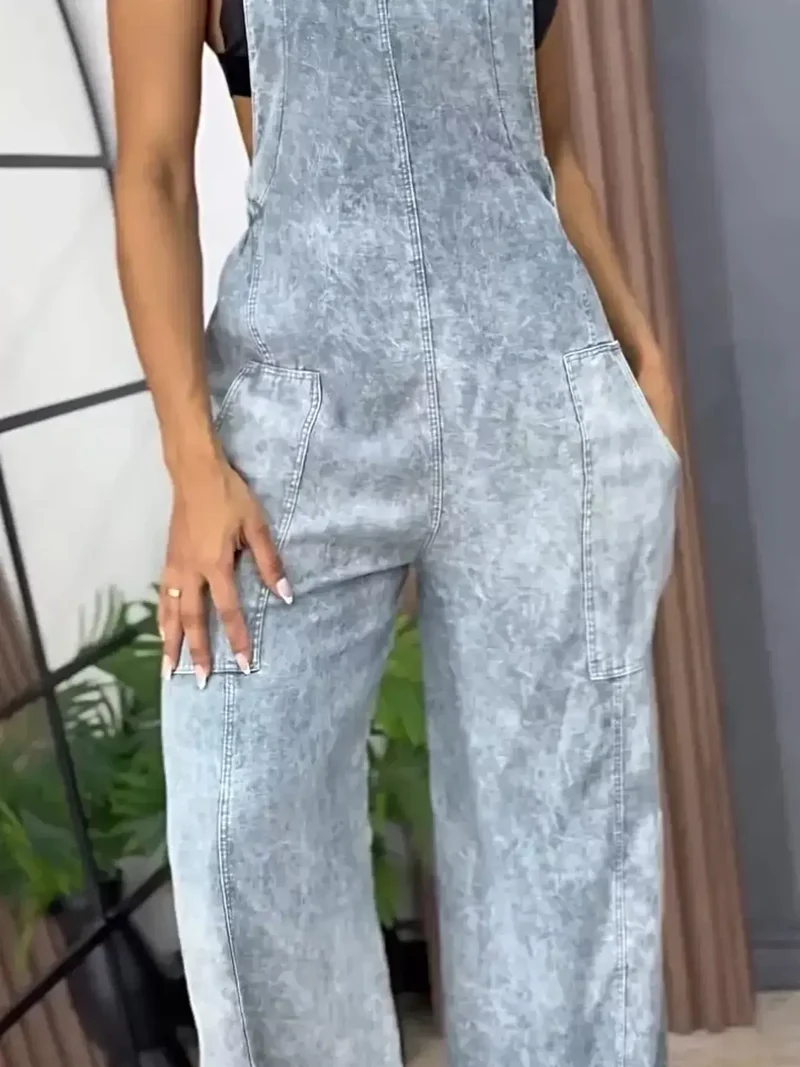 Vintage overall met wijde pijpen in grote maten - Denim met zakken, niet-elastische stof.