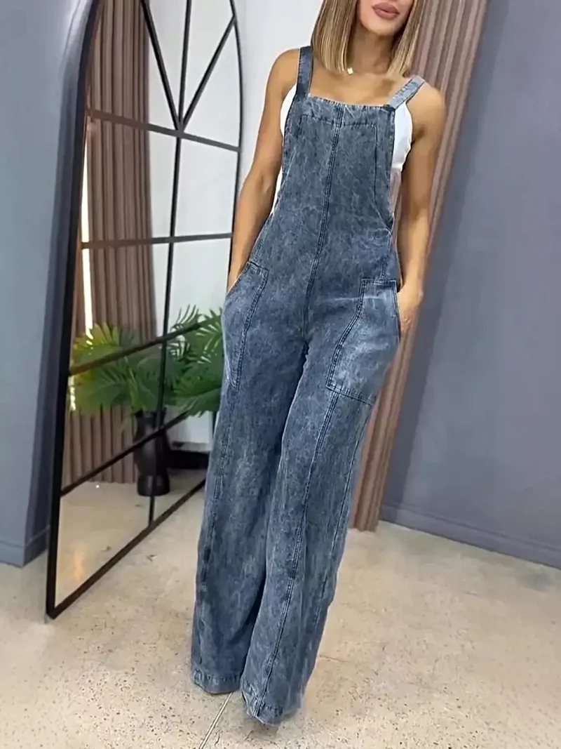 Vintage overall met wijde pijpen in grote maten - Denim met zakken, niet-elastische stof.