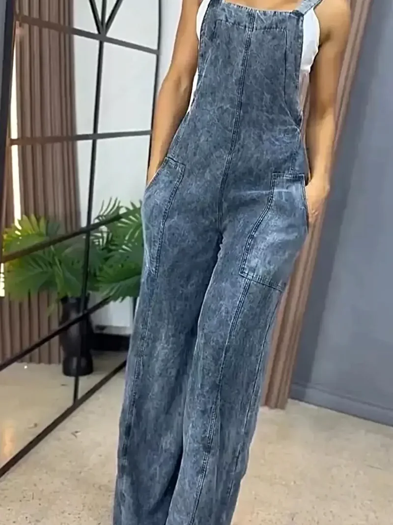 Vintage overall met wijde pijpen in grote maten - Denim met zakken, niet-elastische stof.