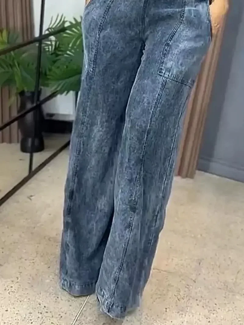 Vintage overall met wijde pijpen in grote maten - Denim met zakken, niet-elastische stof.