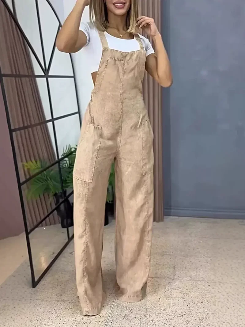 Vintage overall met wijde pijpen in grote maten - Denim met zakken, niet-elastische stof.