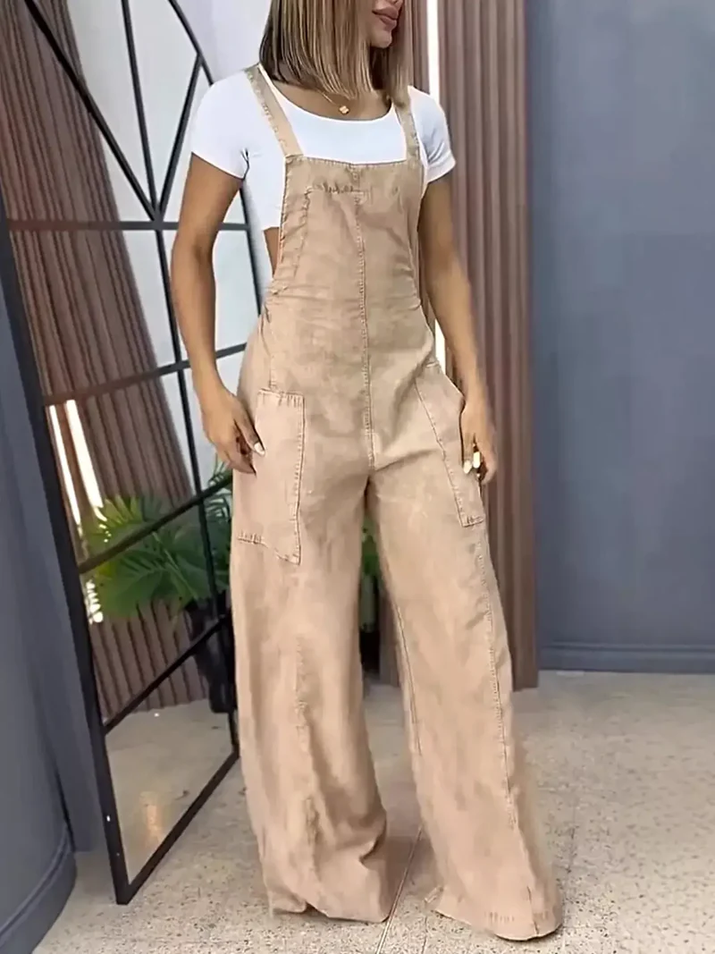 Vintage overall met wijde pijpen in grote maten - Denim met zakken, niet-elastische stof.