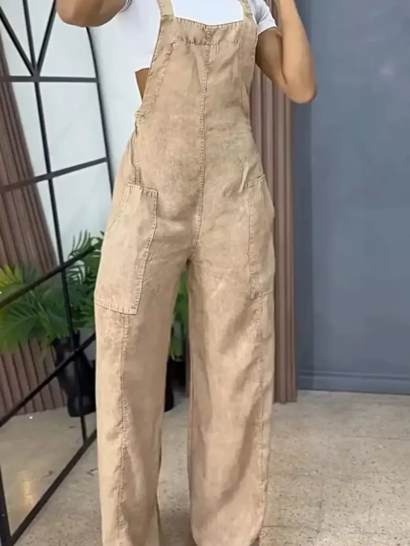 Vintage overall met wijde pijpen in grote maten - Denim met zakken, niet-elastische stof.