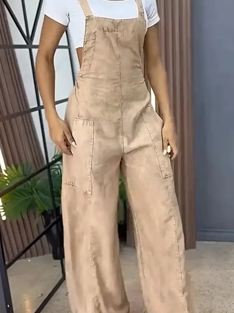 Vintage overall met wijde pijpen in grote maten - Denim met zakken, niet-elastische stof.