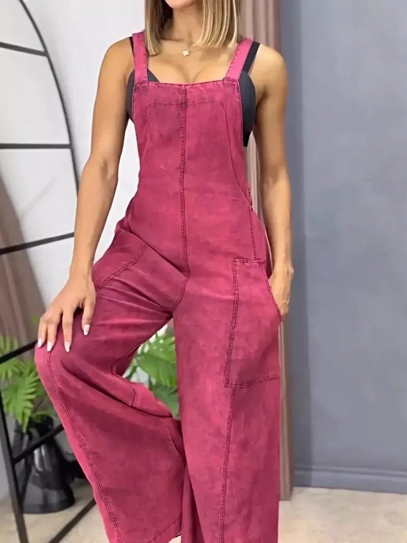 Vintage overall met wijde pijpen in grote maten - Denim met zakken, niet-elastische stof.