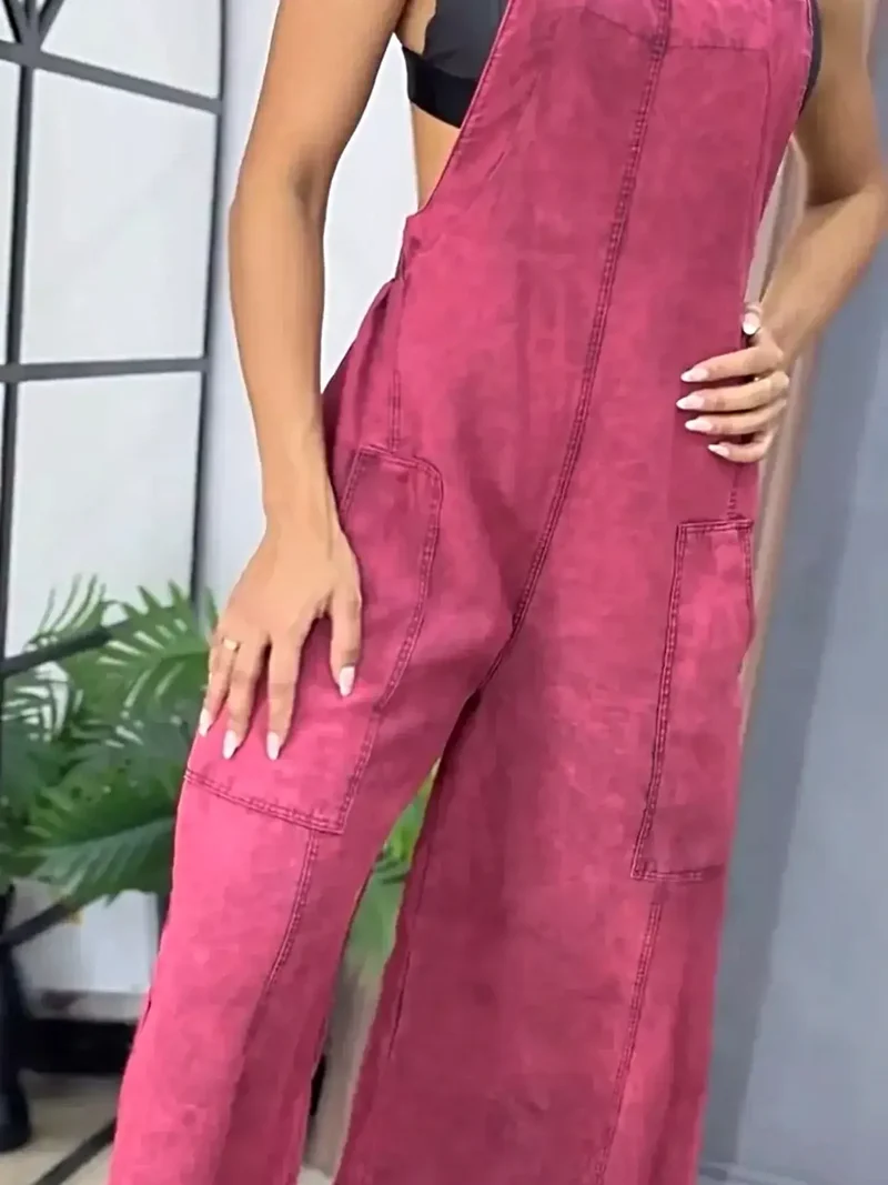 Vintage overall met wijde pijpen in grote maten - Denim met zakken, niet-elastische stof.