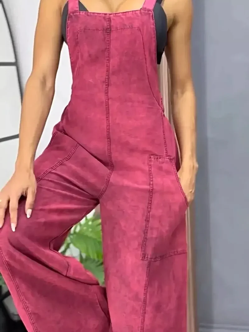 Vintage overall met wijde pijpen in grote maten - Denim met zakken, niet-elastische stof.