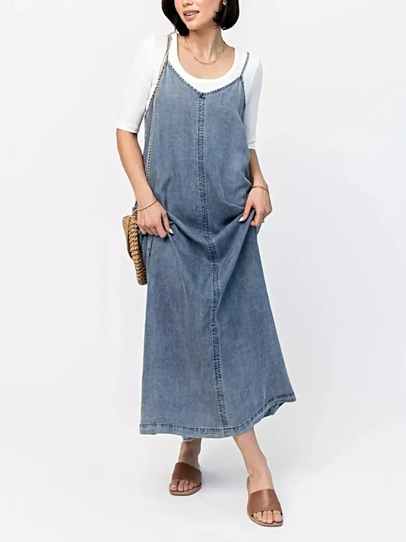 Stijlvolle denim maxi-jurk met camisole-effect - klassiek blauw, 80% katoen, perfect voor een casual chique look.