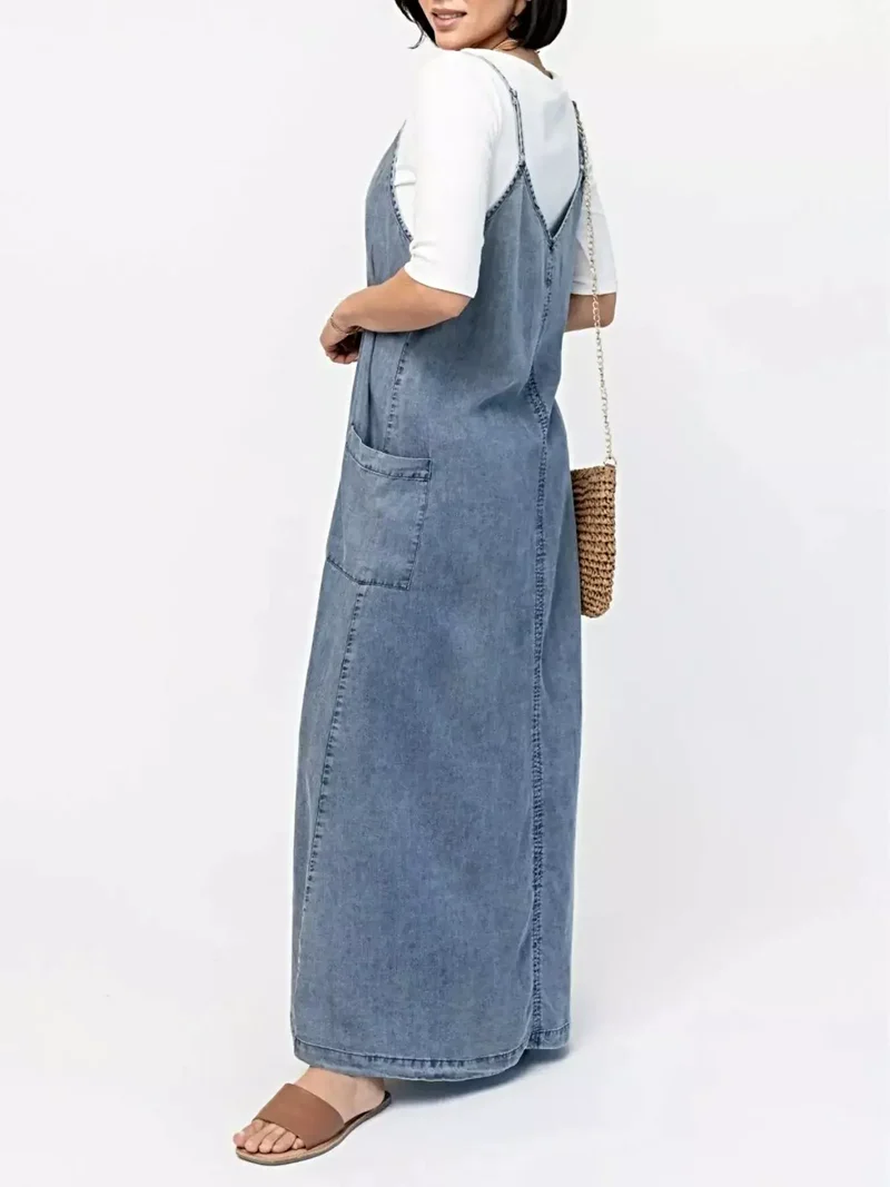 Stijlvolle denim maxi-jurk met camisole-effect - klassiek blauw, 80% katoen, perfect voor een casual chique look.