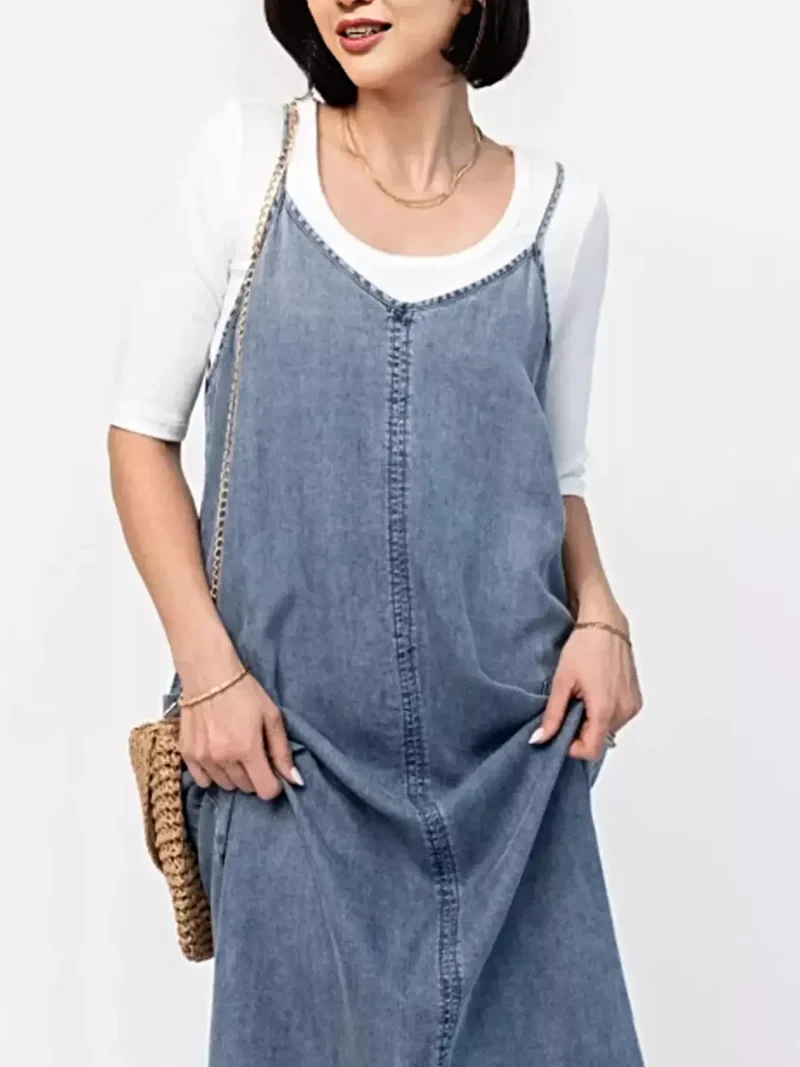 Stijlvolle denim maxi-jurk met camisole-effect - klassiek blauw, 80% katoen, perfect voor een casual chique look.