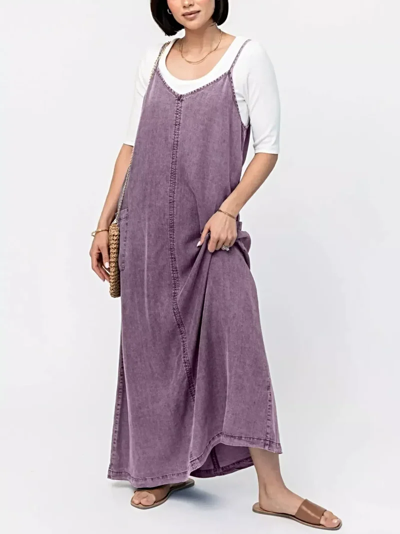 Stijlvolle denim maxi-jurk met camisole-effect - klassiek blauw, 80% katoen, perfect voor een casual chique look.