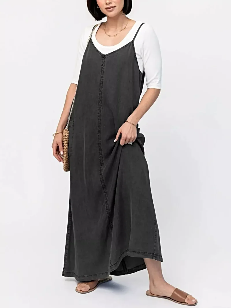 Stijlvolle denim maxi-jurk met camisole-effect - klassiek blauw, 80% katoen, perfect voor een casual chique look.
