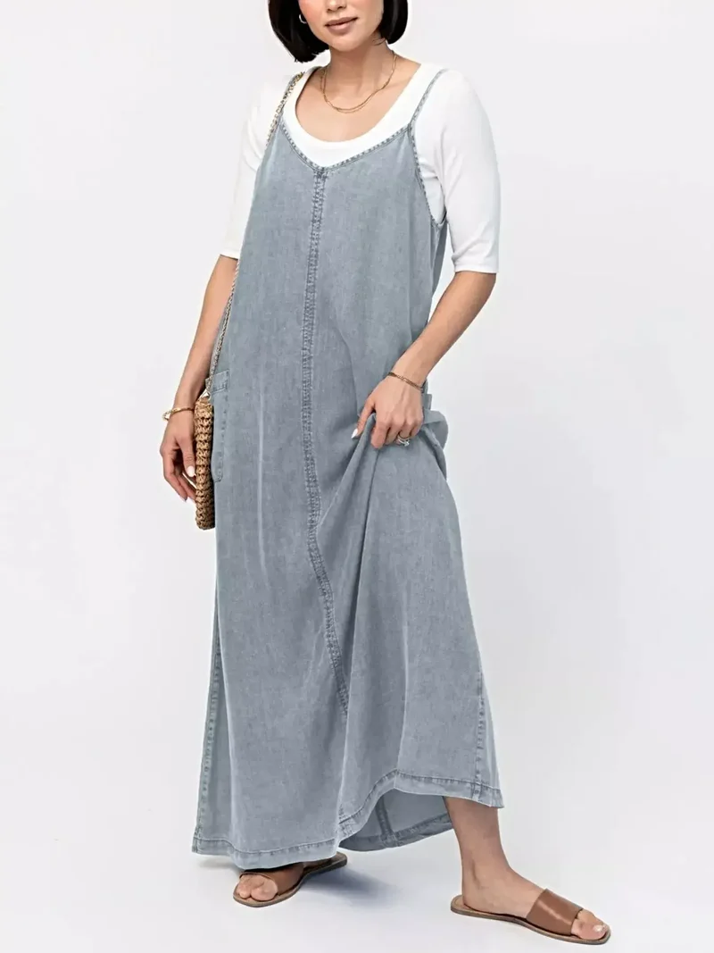 Stijlvolle denim maxi-jurk met camisole-effect - klassiek blauw, 80% katoen, perfect voor een casual chique look.