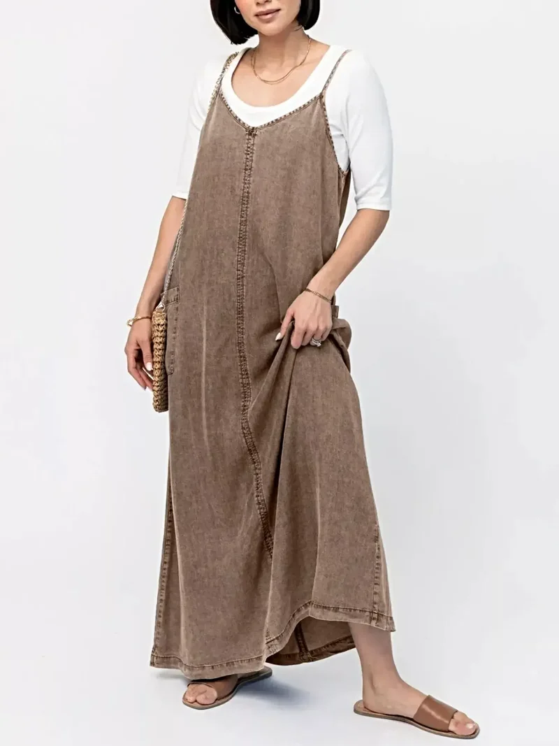 Stijlvolle denim maxi-jurk met camisole-effect - klassiek blauw, 80% katoen, perfect voor een casual chique look.