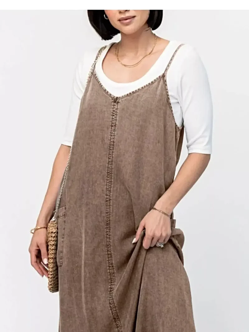 Stijlvolle denim maxi-jurk met camisole-effect - klassiek blauw, 80% katoen, perfect voor een casual chique look.