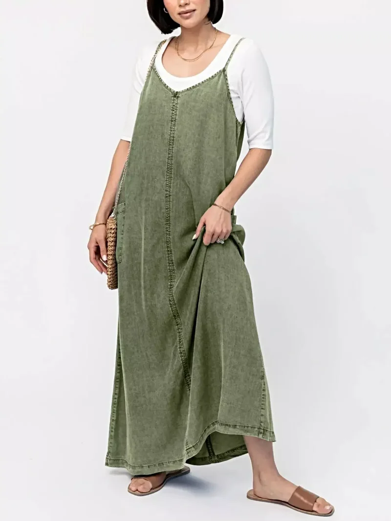 Stijlvolle denim maxi-jurk met camisole-effect - klassiek blauw, 80% katoen, perfect voor een casual chique look.