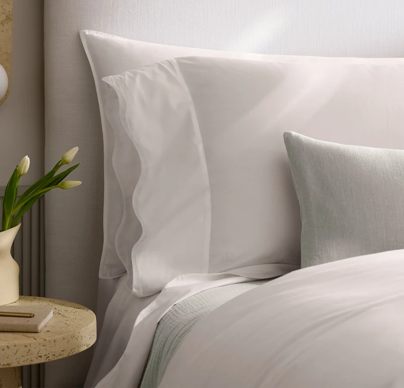 Signature Embellished Pillowcase Set - White/White Curved Edge