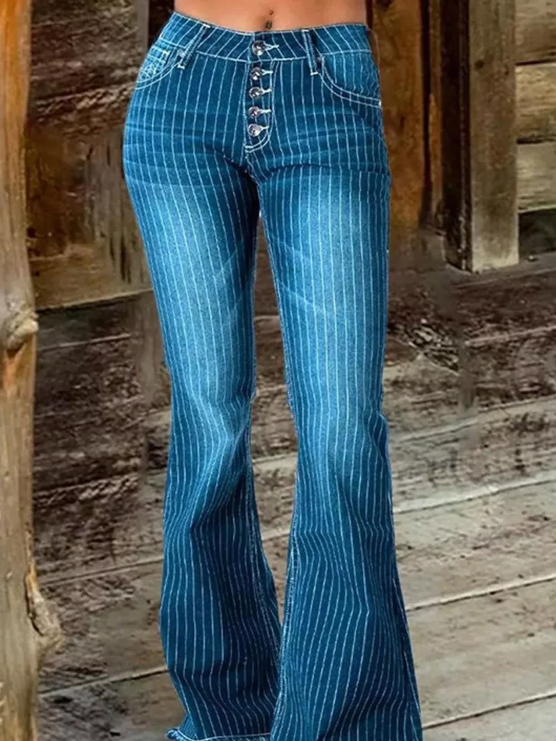Gestreepte flared jeans met knoopsluiting