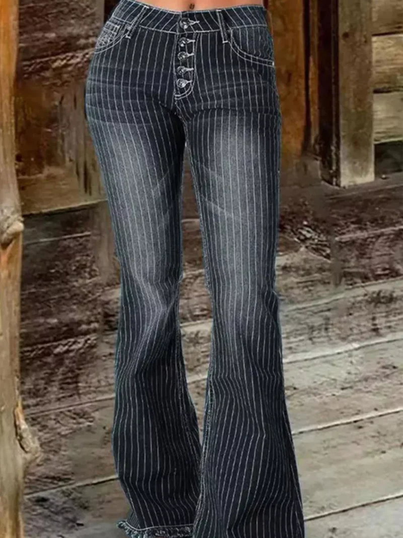 Gestreepte flared jeans met knoopsluiting