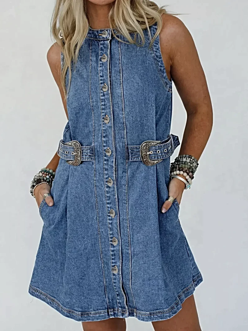 Stijlvolle mouwloze denim jurk met riem en knoopjes - casual chic voor elke gelegenheid